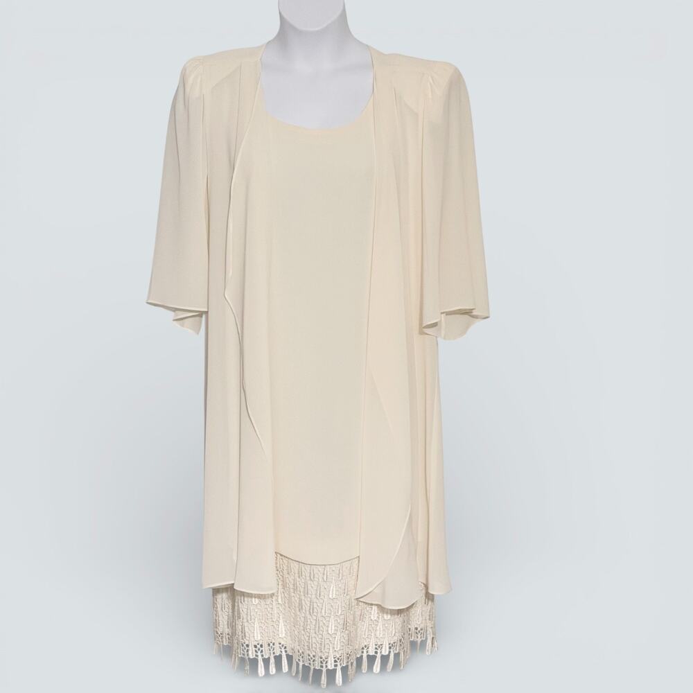 Vintage Cream Midi Dress with Sheer Jacket, Lace Hem - Mother of Bride Size 14